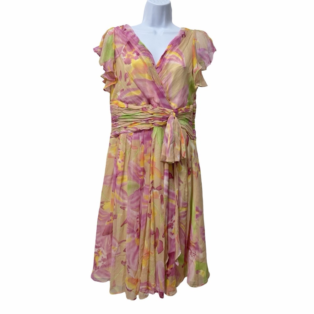 Coldwater Creek Silk Surplice Front Butterfly Sleeve Dress Size 12 Pastel Spring